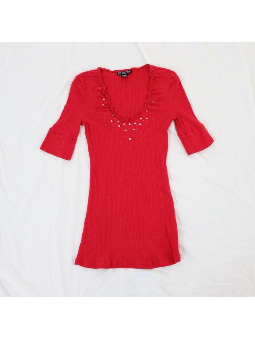 Y2K Self-Esteer Red ribbed rhinestone embellished shirt. Size Small